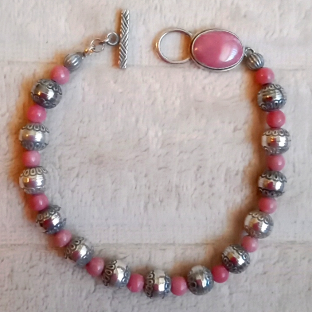 RHODOCHROSITE AND STERLING SILVER NATIVE AMERICAN PEARL BRACELET